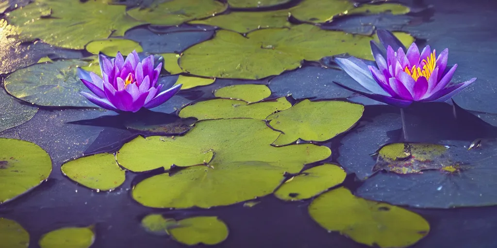 Image similar to hand holding water lily, studio shot, night dramatic lighting, blue, yellow and purple tones, wide camera angle, matte painting, trending on ArtStation, concept art, delightful surroundings, high detail, sharp contrast, ray tracing, picturesque artwork by Mike Winkelmann, artwork by Ridley Scott, 4K, 8K, super graphically realistic detailed, high definition, HDR