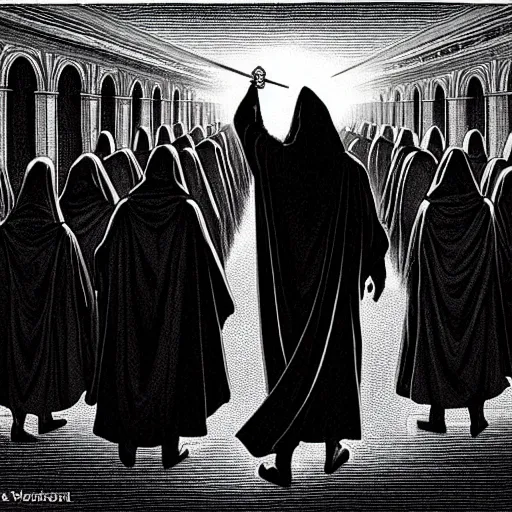 Image similar to the hooded messiah dressed in black robes leads his dark army towards the light, iconic, hero, silhouette, fantasy, epic, large scale, D&D, raphaelite, louvre