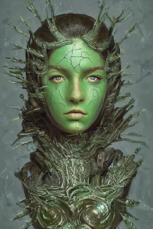 Prompt: portrait of beautiful young mainem, warhammer, russian style, cyber armor, a lot of more scars, more and more flowers, green head, the middle ages, highly detailed, artstation, illustration, art by rene magritte, 8 k quality