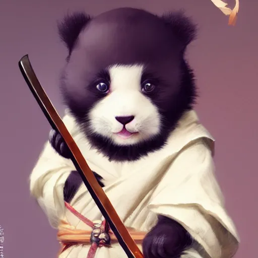 Image similar to cute kitten with panda body and cat face, in a kimono, holds a sword, by greg rutkowski, highly detailed, 4 k