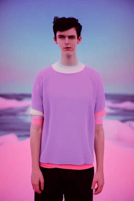 Image similar to high quality pastel coloured film mid angle docu photograph of a beautiful young 2 0 year old male, soft features, short black hair, extremely oversized!!! clothing!! next to icelandic black rock pool environment. atmospheric. three point light. photographic. art directed. ( pastel colours ). volumetric light. clearcoat. waves glitch. 8 k. filmic.