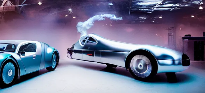 Image similar to a single bugatti type 5 7 sc atlantic and delorean hybrid, dslr, volumetric lighting