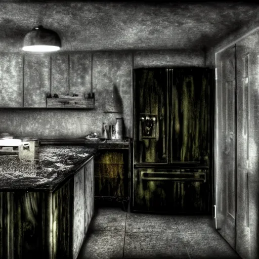 Prompt: dark pastel colors, darkness, abyss, apocalyptic kitchen, dramatic lilghting, bloom, by greg rutowski