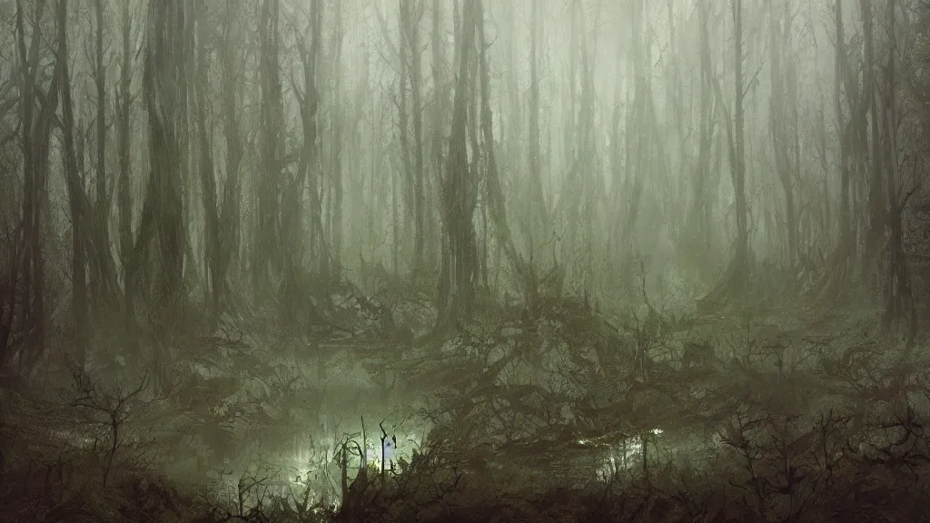 Prompt: lush but gloomy forest, Nazgul, horrors, decay, digital art by Ruan Jia, Rudolf Béres, James Zapata, Jamey Jones