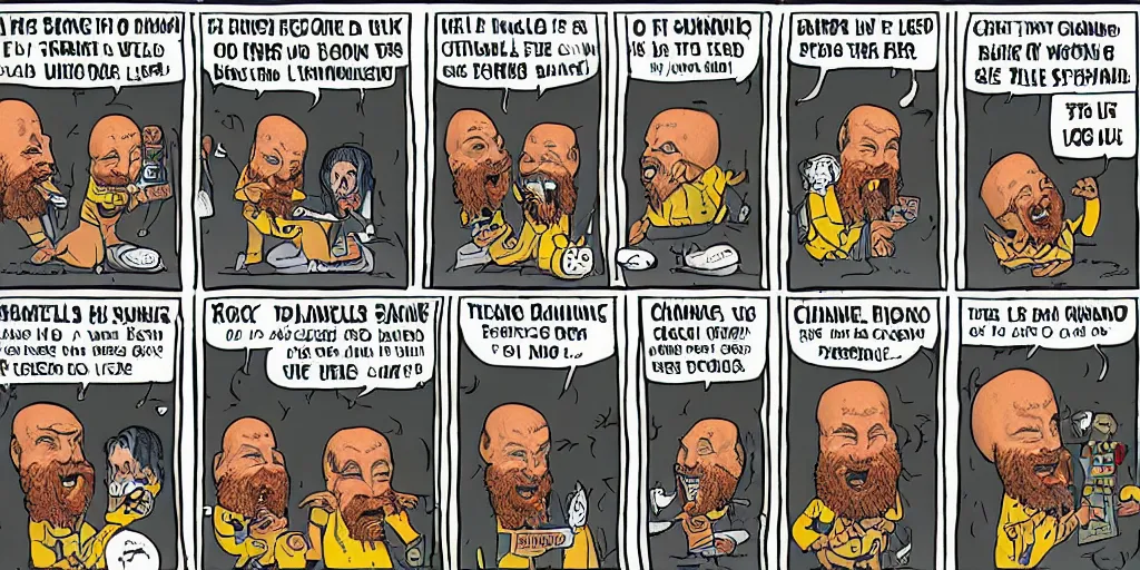 Prompt: charles manson slipping on a banana peel, 3 panel bizarro comic strip by piraro