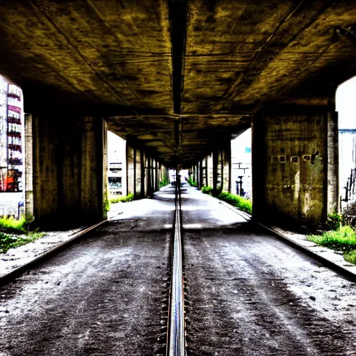 Image similar to poor people life under railway bridge, hyper realistic, best on adobe stock, 3 5 mm lens by steve mccury