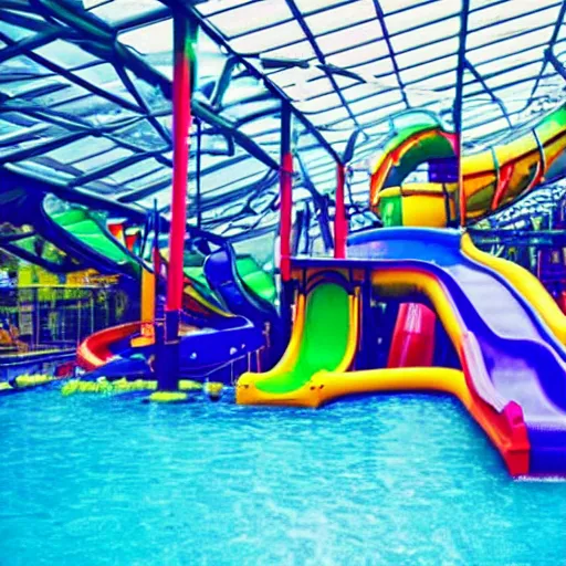 Prompt: dark, empty indoor children's water park with colorful water slides, nostalgic, hazy, dream - like