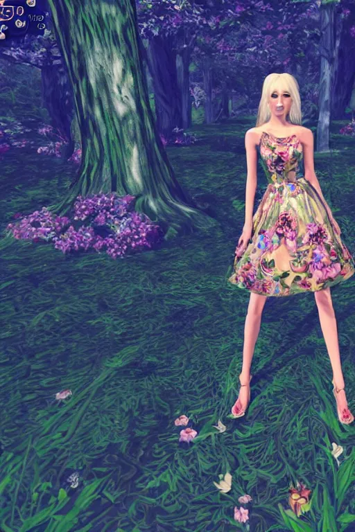 Image similar to beautiful blonde model wearing ornate floral valentino resort ss 2 0 1 6 dress in a 3 d psx rpg style, magical alien forest environment, fashion gameplay screenshot, highly detailed