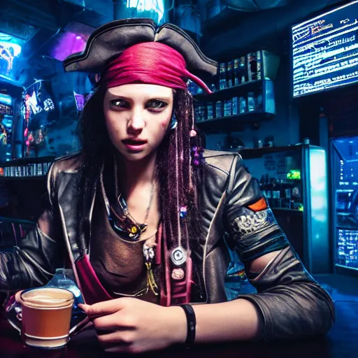 Image similar to a high quality portrait of a beautiful pirate in a cyberpunk cyberpunk cyberpunk cafe, realism, 8k, award winning photo