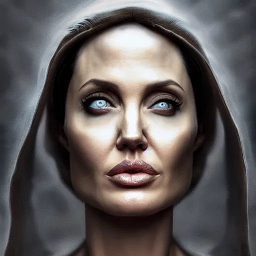 Prompt: Very very very very highly detailed epic central composition photo of Angelina Jolie face, intricate, dystopian, sci-fi, extremely detailed, digital painting, smooth, sharp focus, illustration, intimidating lighting, incredible art by Brooke Shaden, artstation, concept art, Octane render in Maya and Houdini