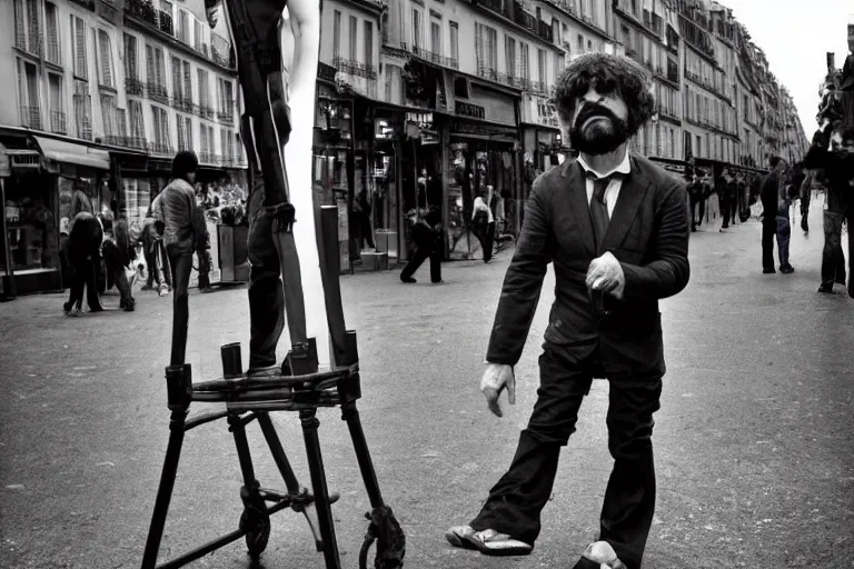 Image similar to peter dinklage on stilts walking in the hazzy streets of paris, in the style of eugene atget and peter witkin