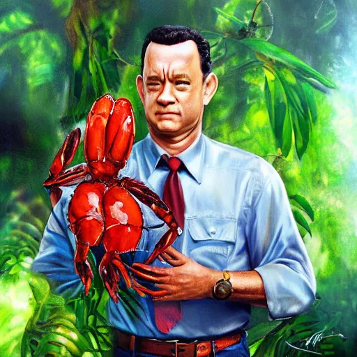 Image similar to Tom Hanks as forrest gump hugging a giant shrimp in the jungle, realistic digital painting, in the style of Aleksi Briclot, photoreailstic, realistic face, amazing detail, sharp