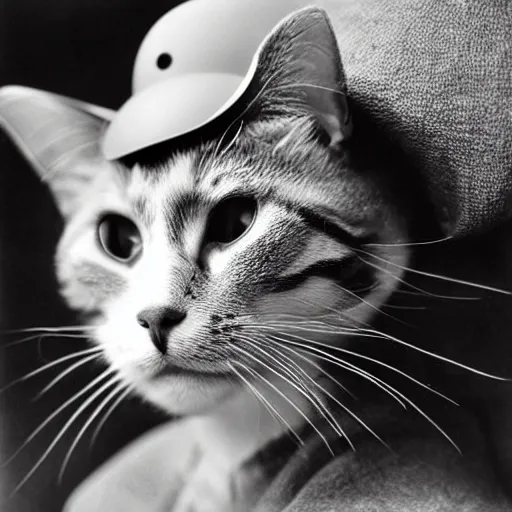 Image similar to close up of a cat wearing soldier helmet in the battle, ww2 historical photography, black and white