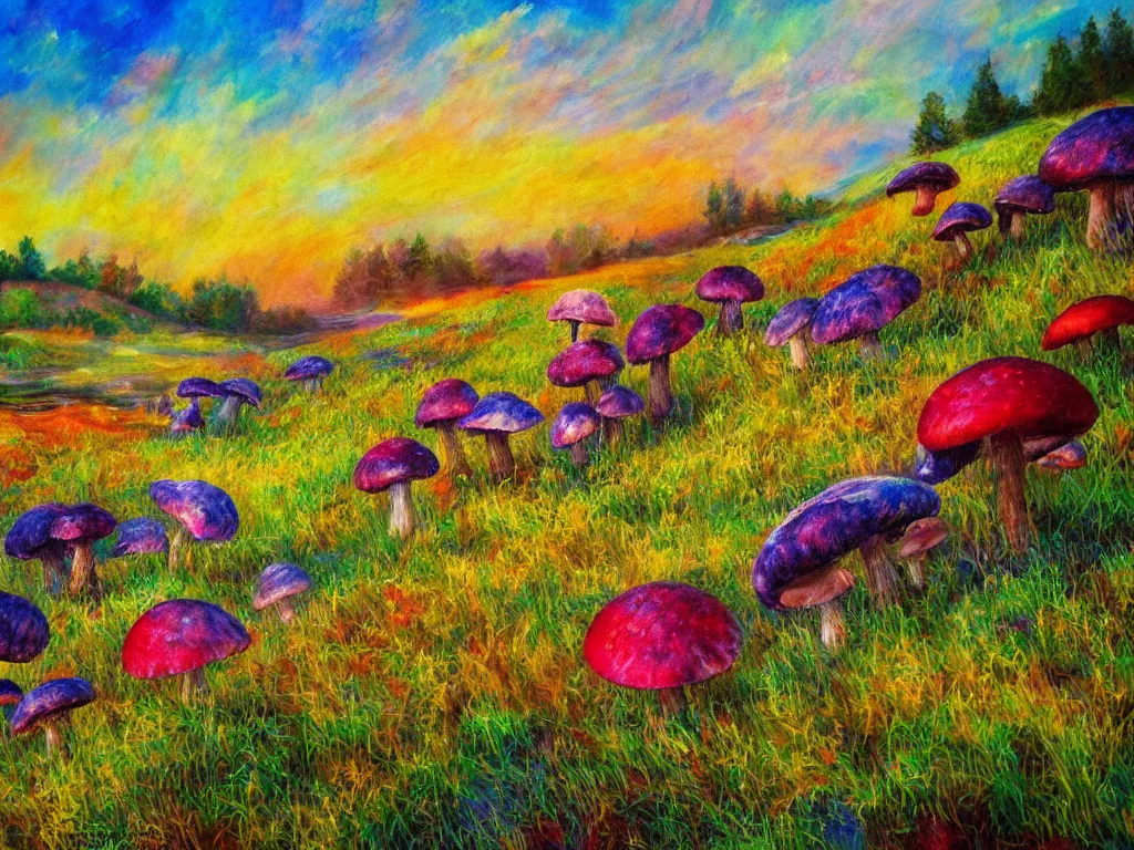 Image similar to an impressionist painting of a gorgeous meadow filled with colorful mushrooms with a stream flowing through it, psychedelic colors, colorful sky in background, high detail, trending on artstation