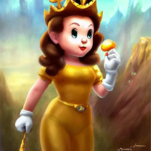 Image similar to princess daisy from super mario as realistic brunette human character art portrait, matte fantasy painting, deviantart artstation, by jason felix by steve argyle by tyler jacobson by peter mohrbacher, cinema c 9. 0