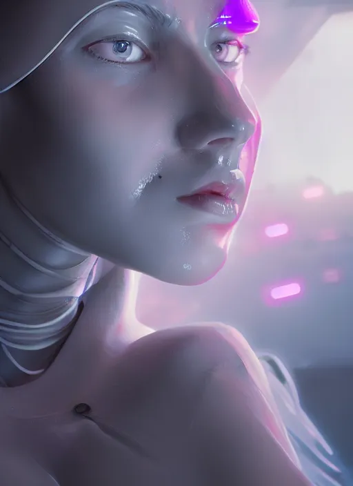 Image similar to white one cast futuristic biomechanic future human, beautiful face, female, futuristic, neon lights, cyberpunk, 8 k, digital painting, by beeple and makoto shinkai, trending on cg society, glamour pose, fashion photography, high fashion, canon r 3, photorealistic, hyper realisitic