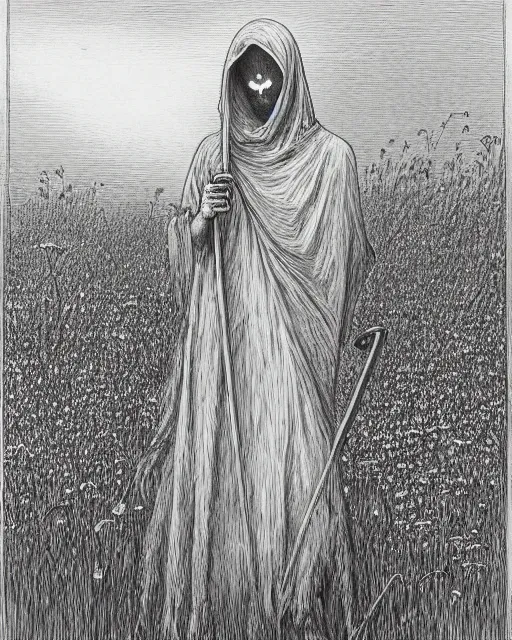 Image similar to faceless grim reaper with veil over face holding scythe at distance in beautiful meadow of flowers, detailed pencil illustration by gustave dore, highly detailed, centered, high resolution, smooth, sharp focus, illustration