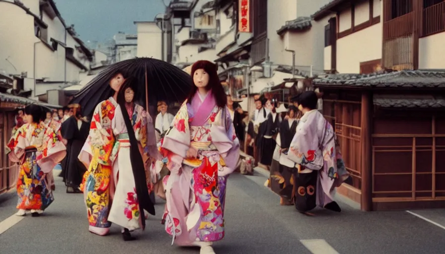 Prompt: movie still by alejandro jodorowsky of a beautiful day in kyoto japan, a girl wearing a gucci kimono is walking down the street, visible magic energy, costumes, parade floats, cinestill 8 0 0 t eastmancolor technicolor, high quality, very detailed, heavy grain, fine facial features, 8 k, octane render