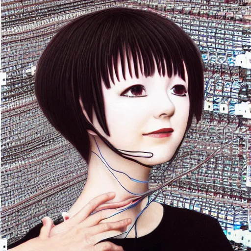 Image similar to beautiful pure evil adult lain with hundreds of network cables, neatly coming out of her head, a part of her face panel is showing, she is in pure bliss, chaos, bizarre, strange, portrait, painting