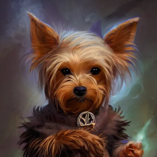 Image similar to cute little anthropomorphic Yorkie [thing], Yorkshire Terrier, tiny, small, short, cute and adorable, pretty, beautiful, DnD character art portrait, matte fantasy painting, DeviantArt Artstation, by Jason Felix by Steve Argyle by Tyler Jacobson by Peter Mohrbacher, cinema