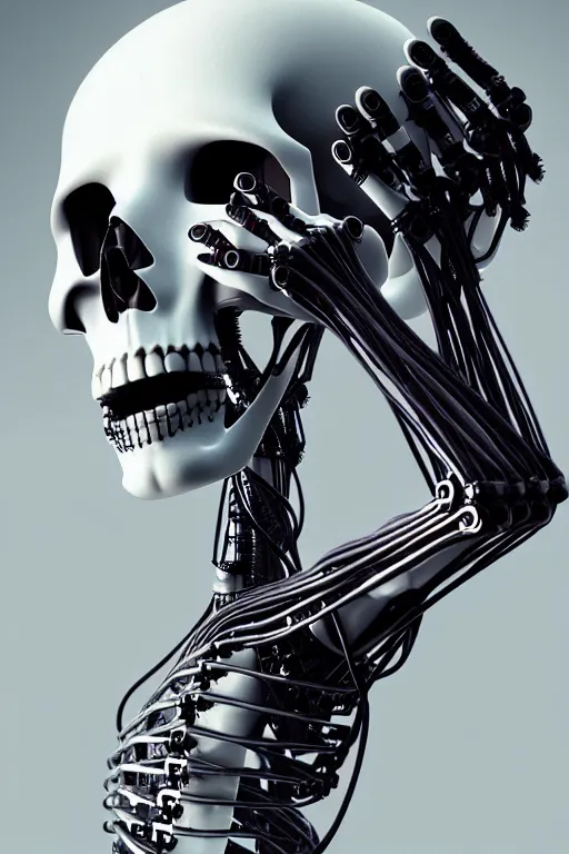 Image similar to a robot holding a human skull on its hand, perfect symmetrical body, full body shot, inflateble shapes, wires, tubes, veins, white biomechanical, wearing epic bionic cybor implants, masterpiece, intricate, biopunk vogue, highly detailed, artstation, concept art, cyberpunk, octane render