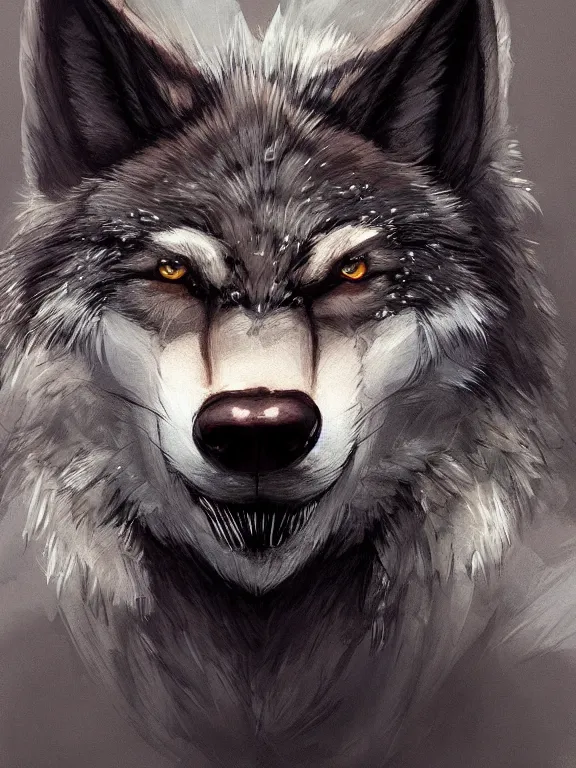 Image similar to 3/4 headshot of cute anthro wolf man, D&D, handsome, fantasy, intricate, long muzzle, wolf ears, fursona, black fur, elegant, highly detailed, digital painting, artstation, concept art, smooth, sharp focus, illustration, art by artgerm and greg rutkowski and alphonse mucha