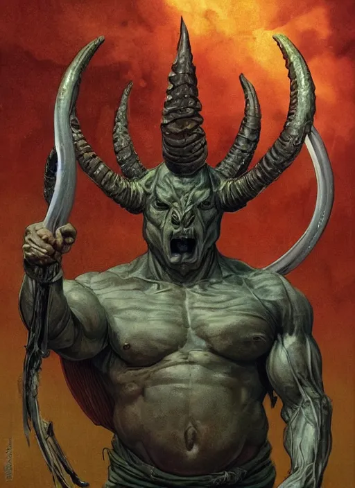 Prompt: horned humanoid with huge veined muscular arms wearing coloured medieval costume, fluid, smooth, organic, crazy, high contrast, sharpness, dramatic, by greg rutkowski and siudmak and richard corben and moebius