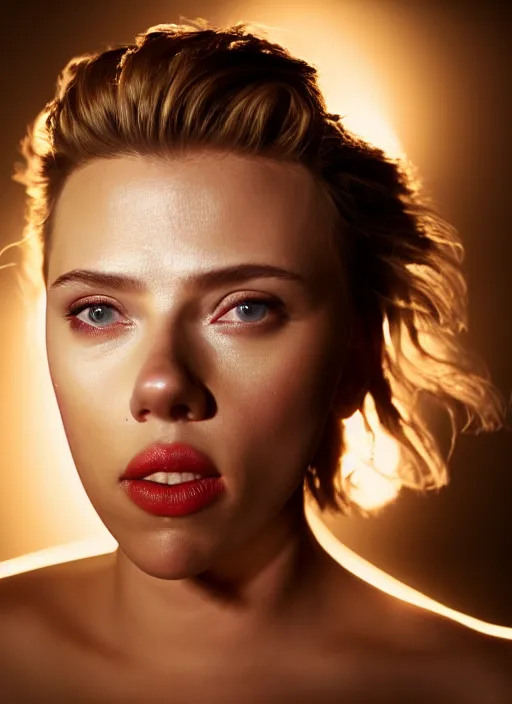 Image similar to scarlett johansson kissing the camera real photo, photoshooting, studio light, black background, intricate, epic lighting, cinematic composition, hyper realistic, 8k resolution, unreal engine 5