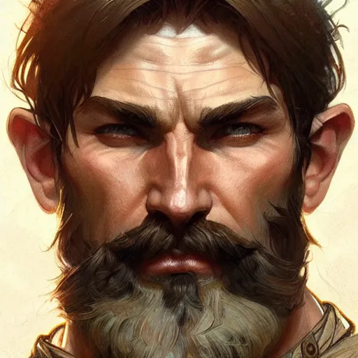 Image similar to Portrait of rugged male ranger, D&D, muscular, fantasy, intricate, elegant, highly detailed, digital painting, artstation, concept art, smooth, sharp focus, illustration, art by artgerm and greg rutkowski and alphonse mucha