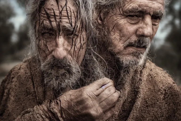 Prompt: character and environment photography, portrait shamanistic infested 6 0 - year - old male druid, messy hair, old tattered robe, medium shot, wide angle, 2 0 0 px, full front, natural light