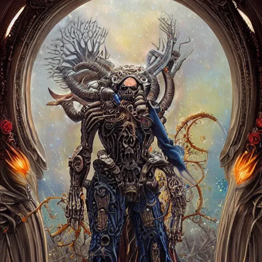 Image similar to A beautiful detailed cyborg tarot card, by tomasz alen kopera and Justin Gerard, symmetrical features, ominous, magical realism, texture, intricate, ornate, royally decorated, mechanic, skeleton, whirling smoke, embers, red adornements, blue torn fabric, radiant colors, fantasy, trending on artstation, volumetric lighting, micro details, 3d sculpture, ray tracing, 8k, anaglyph effect, digital art