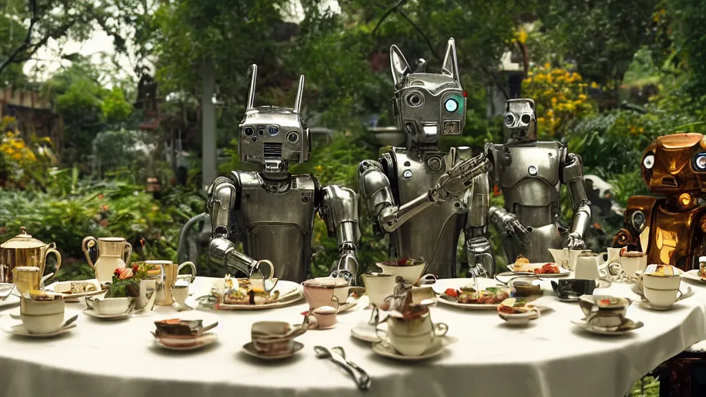 Image similar to film still from the movie chappie of the robot chappie shiny metal outdoor park plants garden scene bokeh depth of field several figures sitting down at a table having a delicious grand victorian tea party crumpets furry anthro anthropomorphic stylized cat ears wolf muzzle head android service droid robot machine fursona