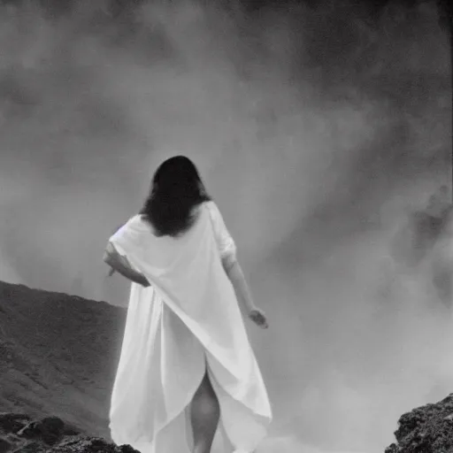 Image similar to 1 9 7 0's artistic western movie, a woman in a giant flowing incredibly long dragging white dress made out of white smoke, standing inside a dark western rocky scenic landscape, volumetric lighting