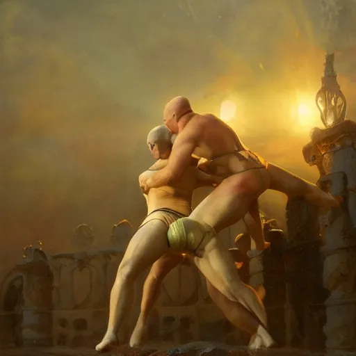 Prompt: bald wrestler breaking blonde wrestler's back, radiant light, caustics, heroic, bright iridescent light, by gaston bussiere, bayard wu, greg rutkowski, maxim verehin, epic wrestling combat, legendary