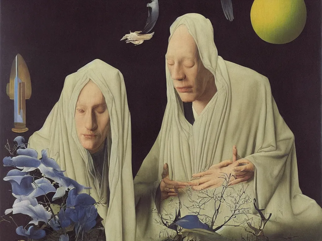 Prompt: Portrait of albino mystic with blue eyes, sitting in Zen meditation. Painting by Jan van Eyck, Audubon, Rene Magritte, Agnes Pelton, Max Ernst, Walton Ford