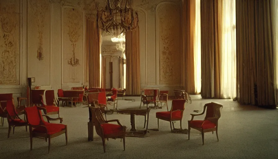 Image similar to 60s movie still of a sovietic stalinist style empty Palace with one unique chair, cinestill 800t 50mm eastmancolor, liminal Space style, heavy grain-s 150