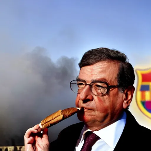 Image similar to high quality picture of florentino perez smoking a cigar, the camp nou burning in the background