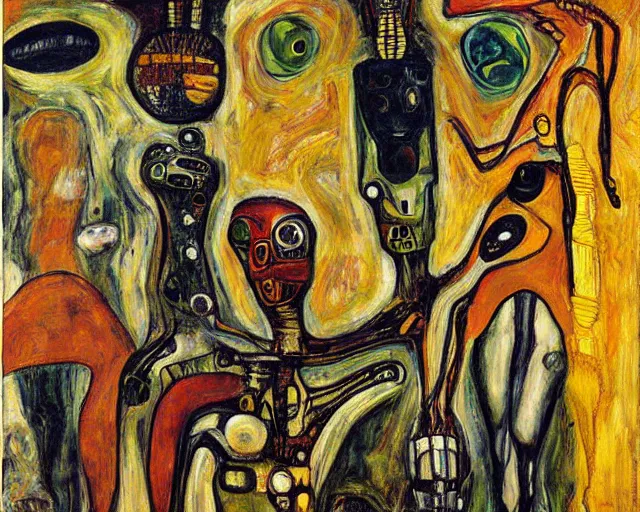 Image similar to a painting of a aliens and robots by graham sutherland, egon schiele, gustav klimt, salvador dali, edvard munch, expressionism