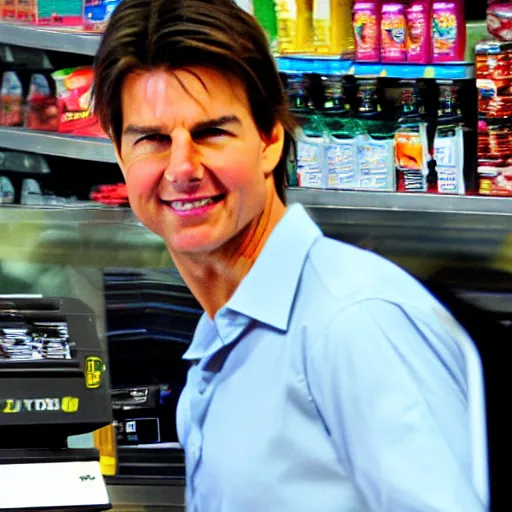 Prompt: Tom Cruise working as a 7/11 cashier, macro, detailed, beautiful lighting