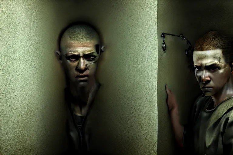 Prompt: an ultra realistic, cinematic, fantasy, portrait, of a prisoner, dramatic, soft light, facial features, stood in a cell, with prison clothing, detailed, deep focus, movie still, dramatic lighting, ray tracing, by michal karcz and yoshitaka amano