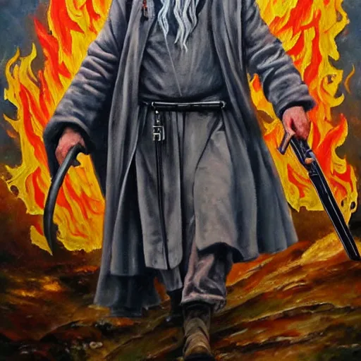 Image similar to gandalf with a machine gun, oil painting, war photo, anger, fire, dramatic, very detailed, 4k, by Jeffrey Smith and Erin Hanson and Chad Knight