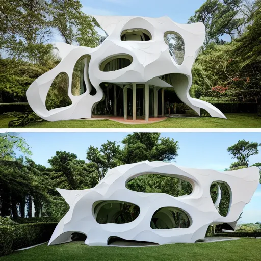 Image similar to evolving fractal, flowing white architectural Villa, futuristic 3D, voronoi pattern of a timber-frame pool pavilion with magnolias on the roof has its own guest entry and distinct areas for cooking, dining, and relaxing, the dining rotunda has a built-in pizza oven and a custom-designed table to accommodate eight to 16 people, the center section of the structure features the kitchen and bar, the lounge rotunda provides a covered seating area located adjacent to the fireplace, the pavilion’s ceiling has a floral motif that mimics a magnolia tree near the pool slide, sun rays through the pavilion structure, lush botanical trees, prairie landscaping, sunrise, golden hour, illuminated pool, fluffy clouds