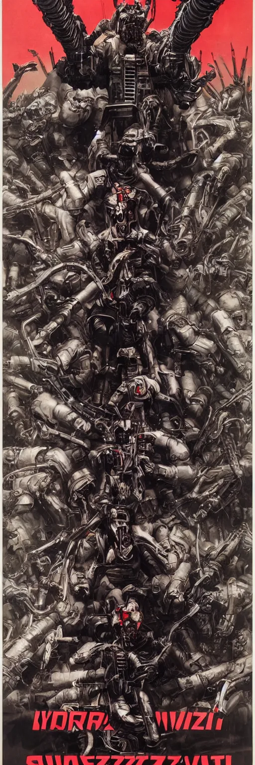 Image similar to Poster for the Movie Schwartzlicht,about Chinese Russian Zombie Troopers Designed By Yasushi Nirasawa battle Japanese America Cyborgs Designed by Syd Mead and Giger, 1970s style, very detailed, text says: Schwarzlicht