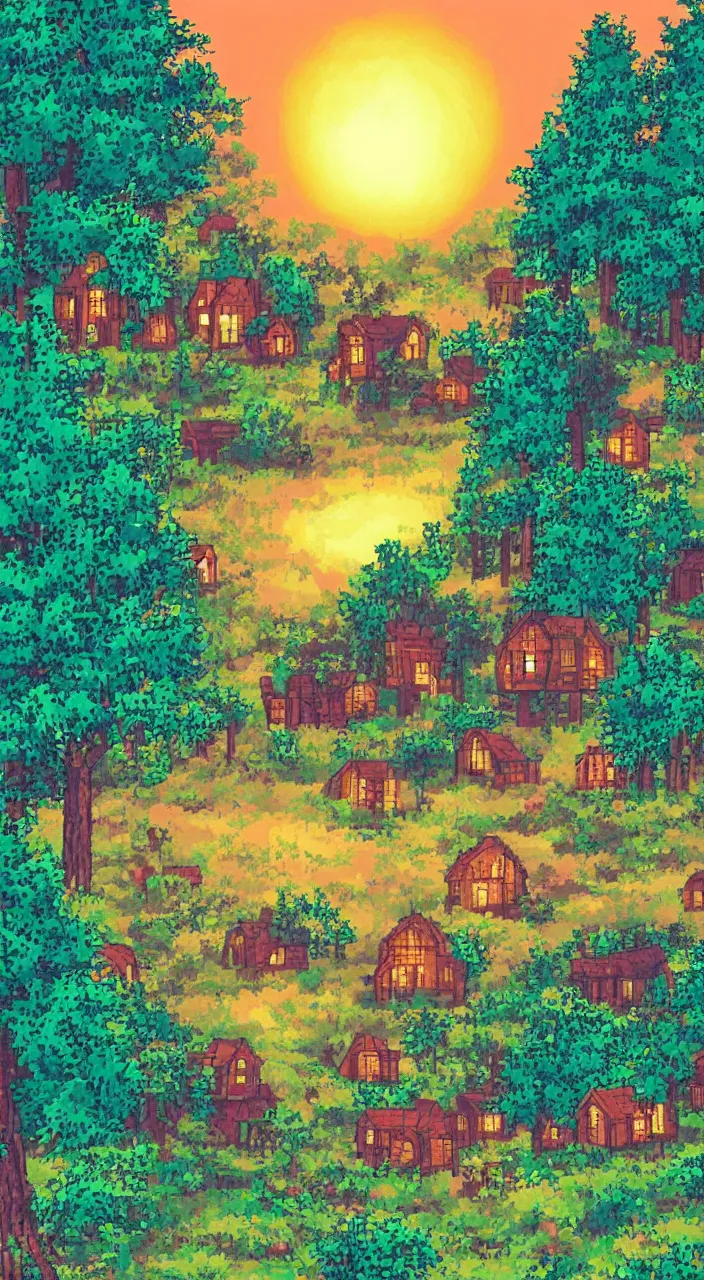 Prompt: a dreamy sunset in the big forest with houses in pixelart style, highly detailed, illustration