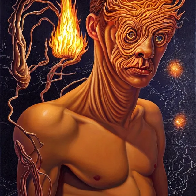 Prompt: an oil on canvas portrait of his body was like beryl, his face like the appearance of lightning, his eyes like flaming torches, his arms and legs like the gleam of burnished bronze, surrealism, surrealist, lovecraftian, cosmic horror, rob gonsalves, high detail