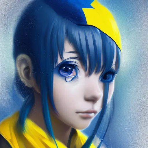 Image similar to a portrait of anime ukrainian blue and yellow girl, crying with eye drops, concept art, trending on artstation, highly detailed, intricate, sharp focus, digital art, 8 k