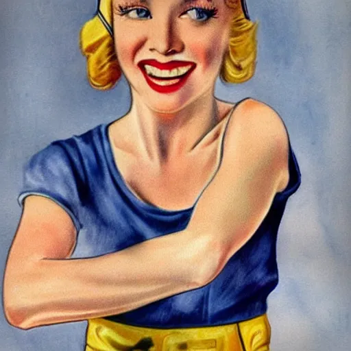 Image similar to a 1 9 2 0 s ultra - realistic color portrait. happy, healthy, beautiful, smiling, young, sporty, blonde, blue - eyed symmetric rosie the riveter in decent athletic wear. hyper - realistic detailed drawing