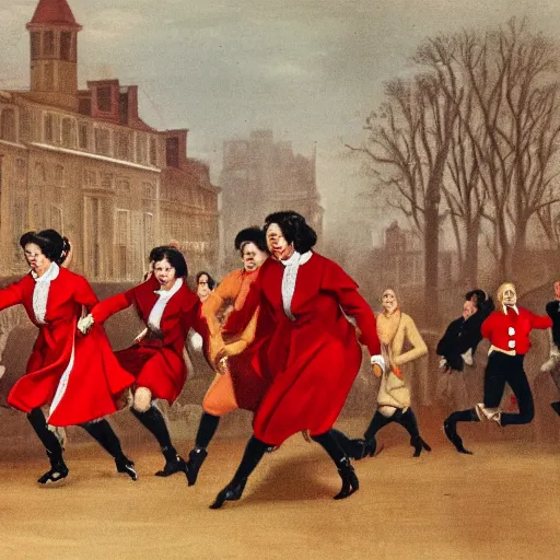 Image similar to sprinting women, wearing red coats,