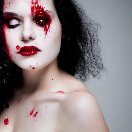 Prompt: professional headshot of an elegant female vampire with droplets of blood splattered across her face. high resolution, professional lighting, nikon camera, 8 k