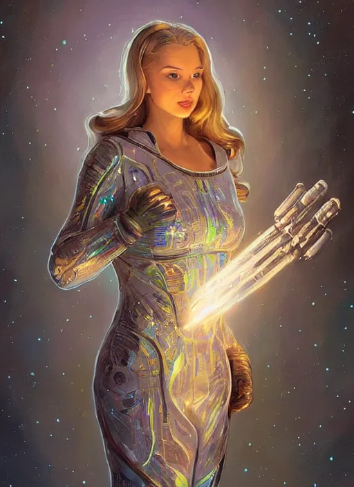 Prompt: beautiful space cottagecore, princess rosalina!!! by ilya kushvikov, holding a rocket wearing a scifi jetsuit, intricate, elegant, bioluminescent, highly detailed, digital painting, artstation, concept art, smooth, sharp, focus, illustration, art by artgerm and greg rutkowski and alphonse mucha